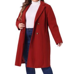Plus Size Long Notched Lapel Double Breasted Coats Dark Red